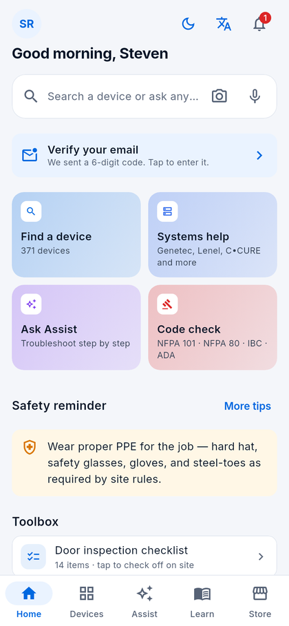 Mobile app home screen with the camera shortcut for Snap & ID