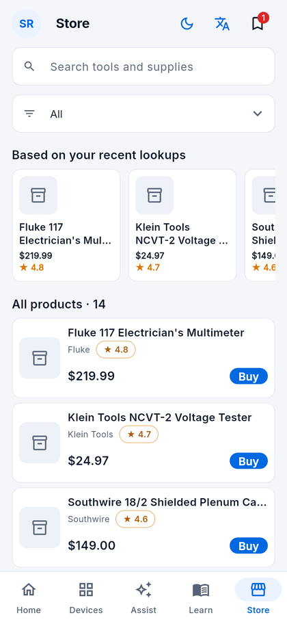 Store tab with recommendations based on recent lookups