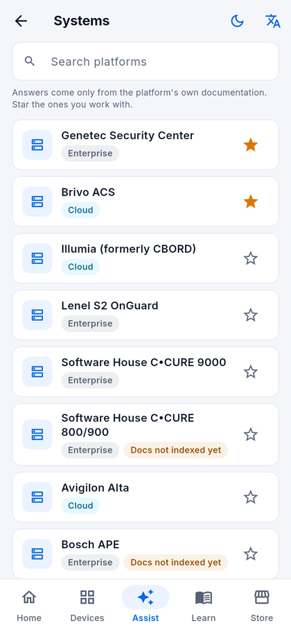 Systems screen listing supported access control platforms