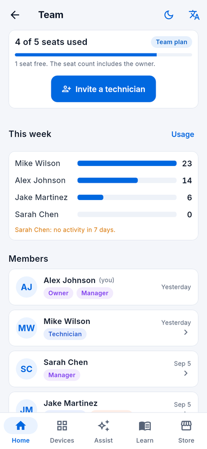 Hingr team screen for managers