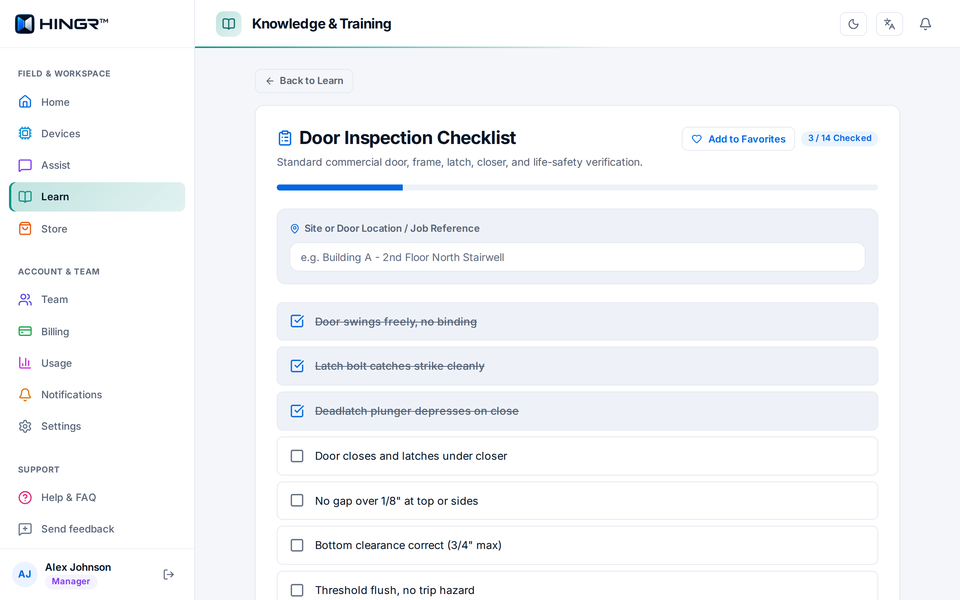 The door inspection checklist on the web with three of 14 checks ticked