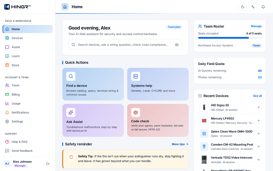 Hingr web portal home: search, quick actions, team seats and recent devices