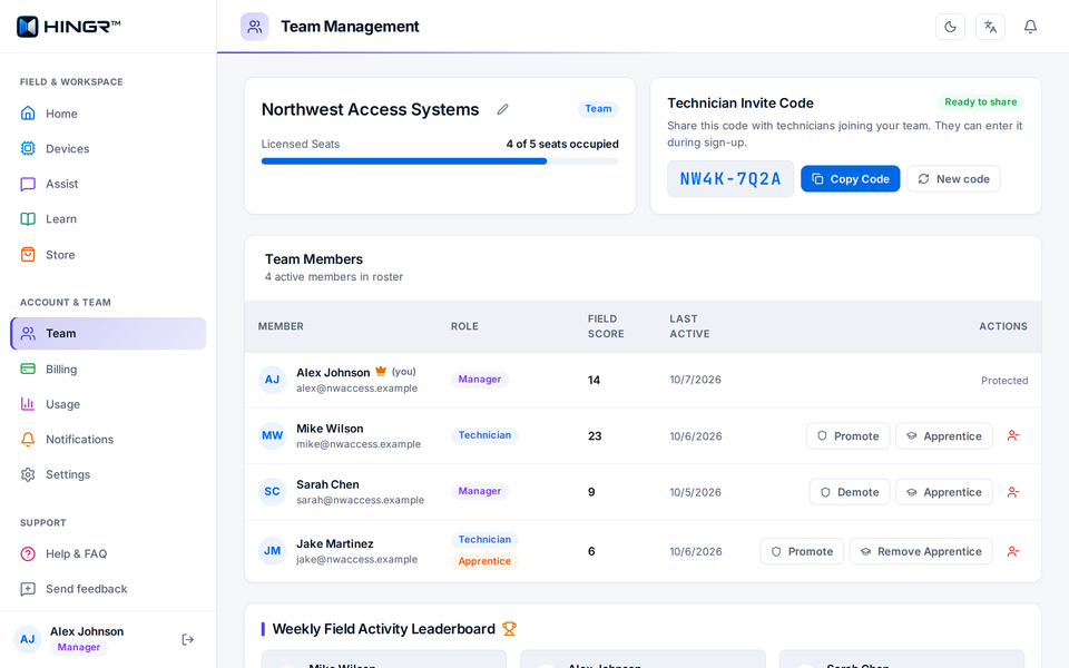Team page on the web: seats, invite code and members with roles